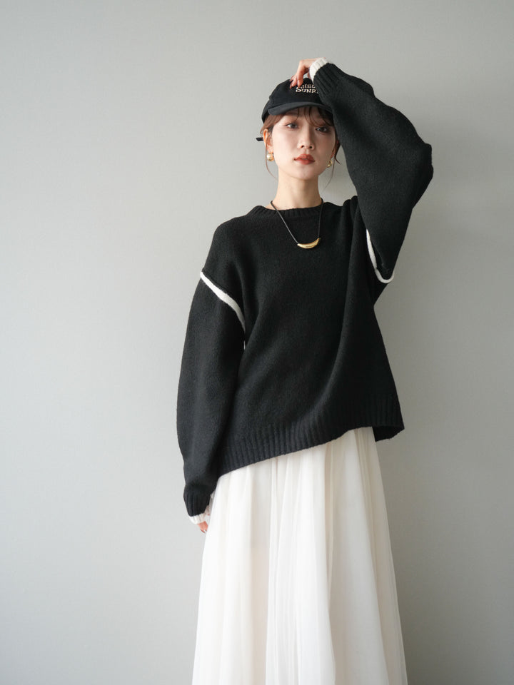 [予約]バイカラーパイピングニットプルオーバー/black