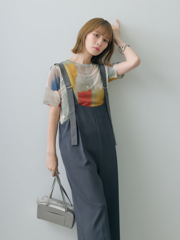 [SET]水彩アートシアーTシャツ+前後2wayドレープワイドオールインワン(2set)