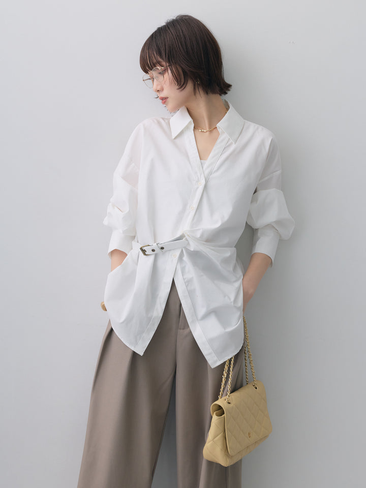 [SET]ベルテッドドレープシャツ+ツイルタックワイドパンツ(2set)