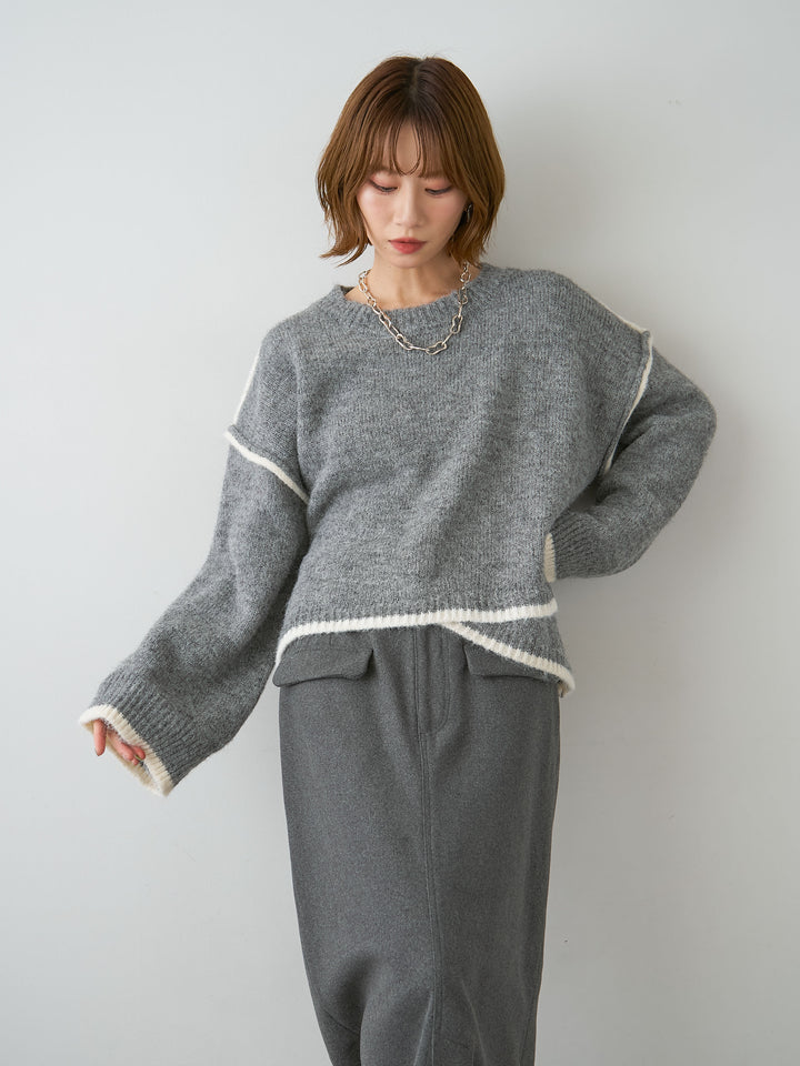 [予約]配色ラインデザインヘムニットプルオーバー/gray
