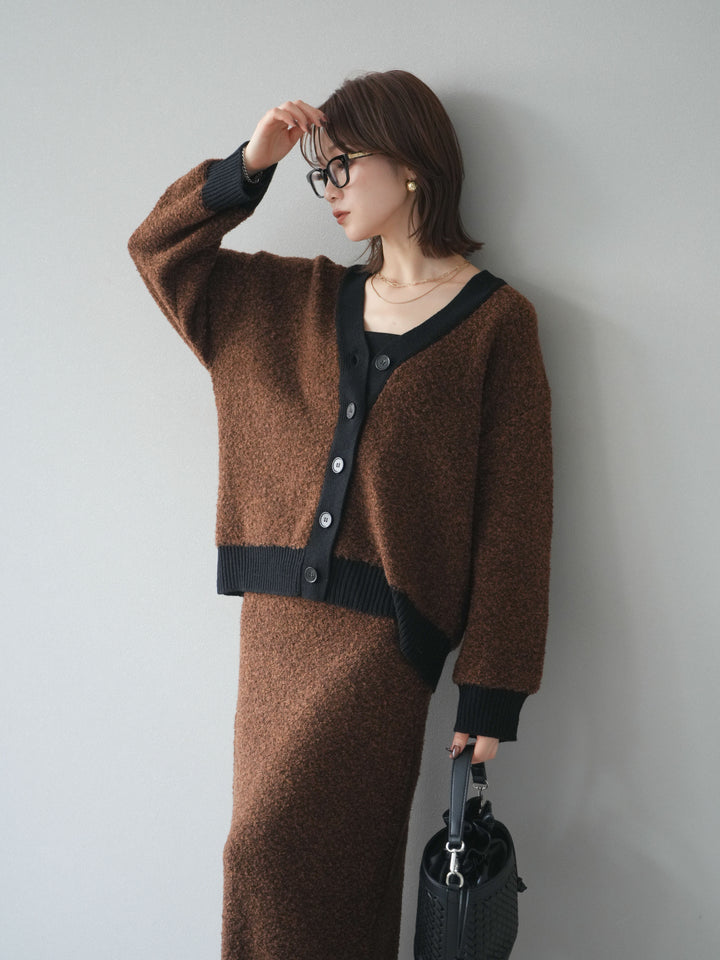 [SET]ブークレバイカラーニットカーディガン+ブークレバイカラータイトニットスカート(2set)