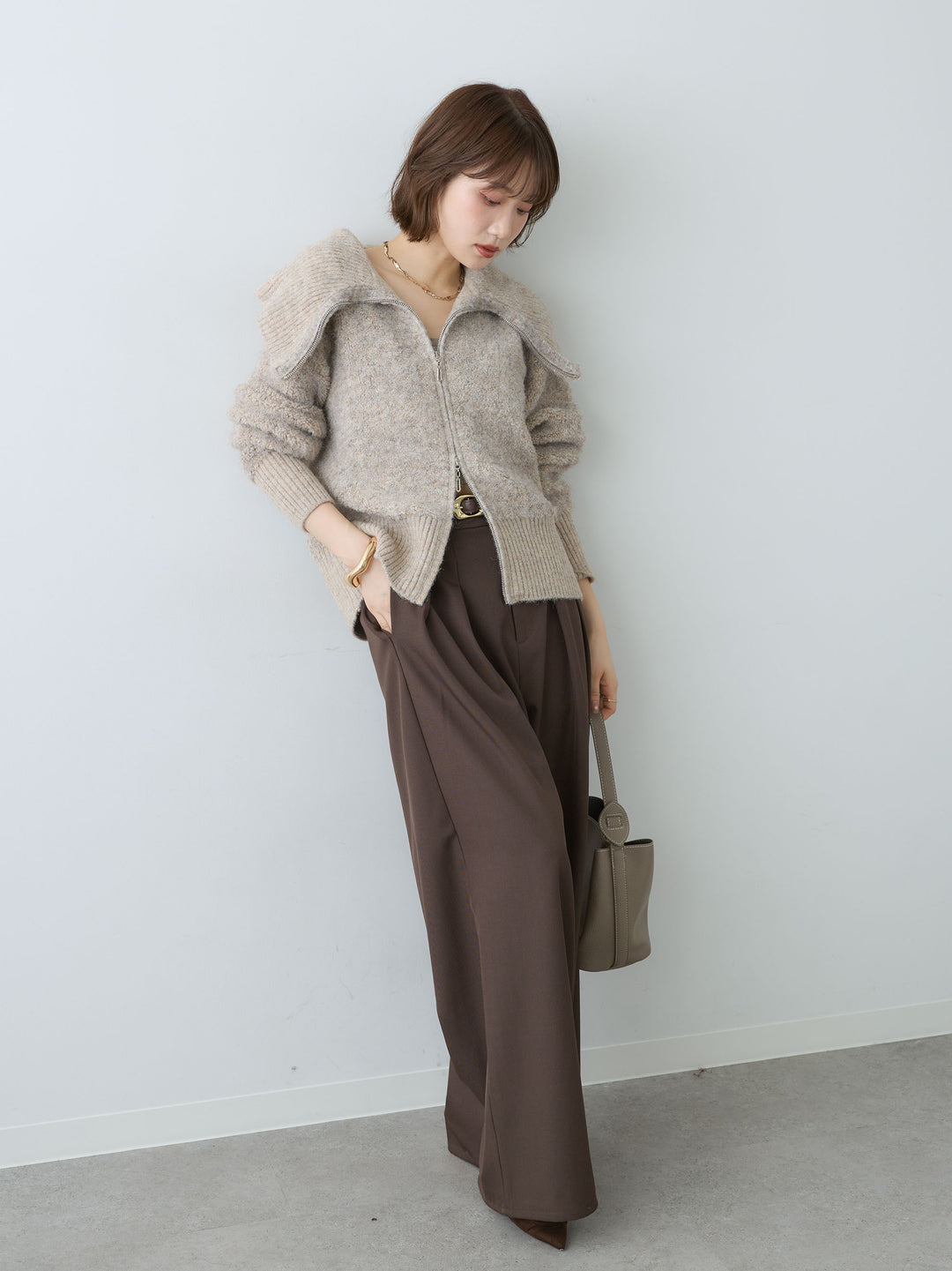 [SET]ビッグカラーシャギーニットブルゾン+ツイルタックワイドパンツ(2set)