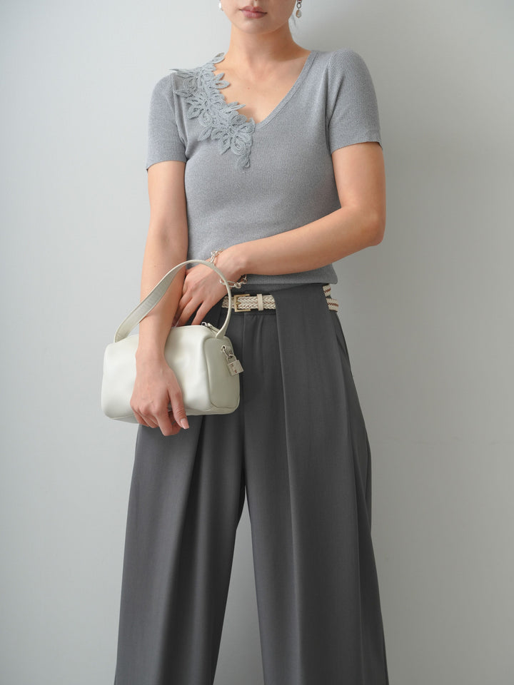 [予約]アシメフラワーレースVネック半袖ニットトップス/gray