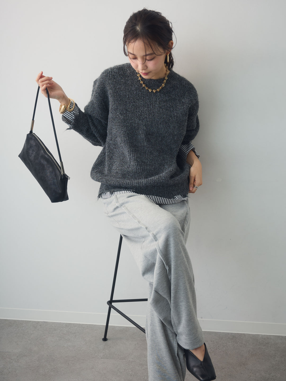 [予約]シャツレイヤードデザインモヘアプルオーバー/darkgray