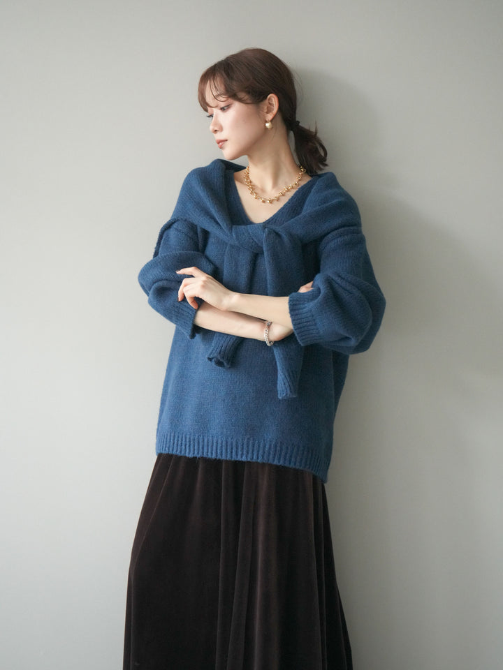 [予約]ストール付きVネックニットプルオーバー/blue