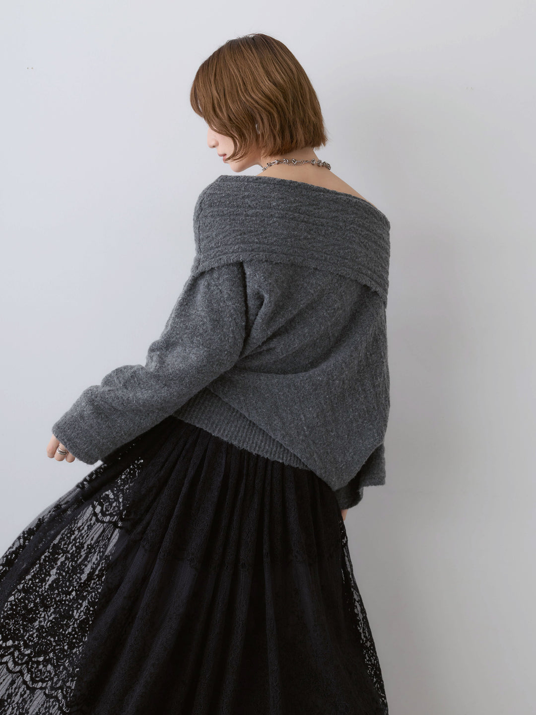 [予約]アシメデザインオフショルニットトップス/gray