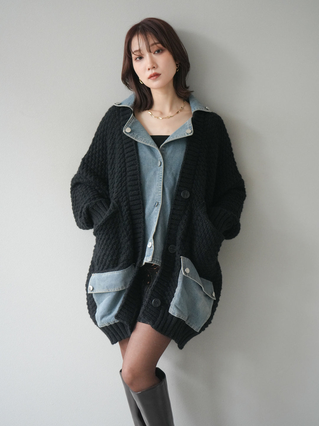 [SET]デニム襟レイヤードニットジャケット+デニム襟レイヤードニットジャケット(2set)