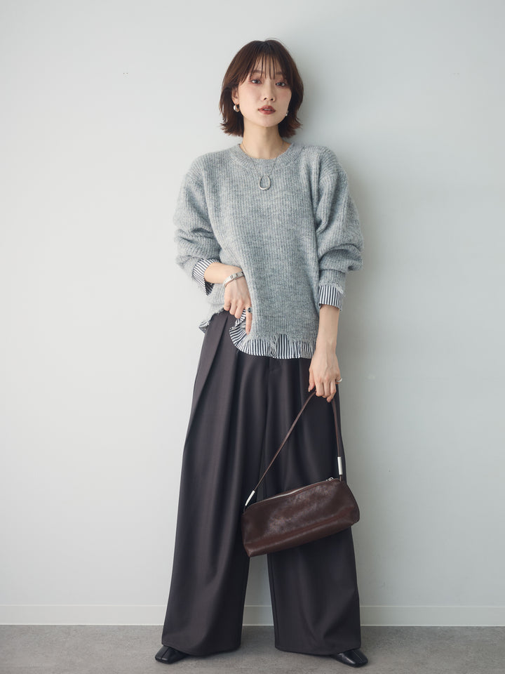 [SET]シャツレイヤードデザインモヘアプルオーバー+ツイルタックワイドパンツ(2set)