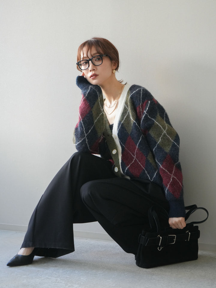 [予約]配色アーガイル柄ニットカーディガン/green