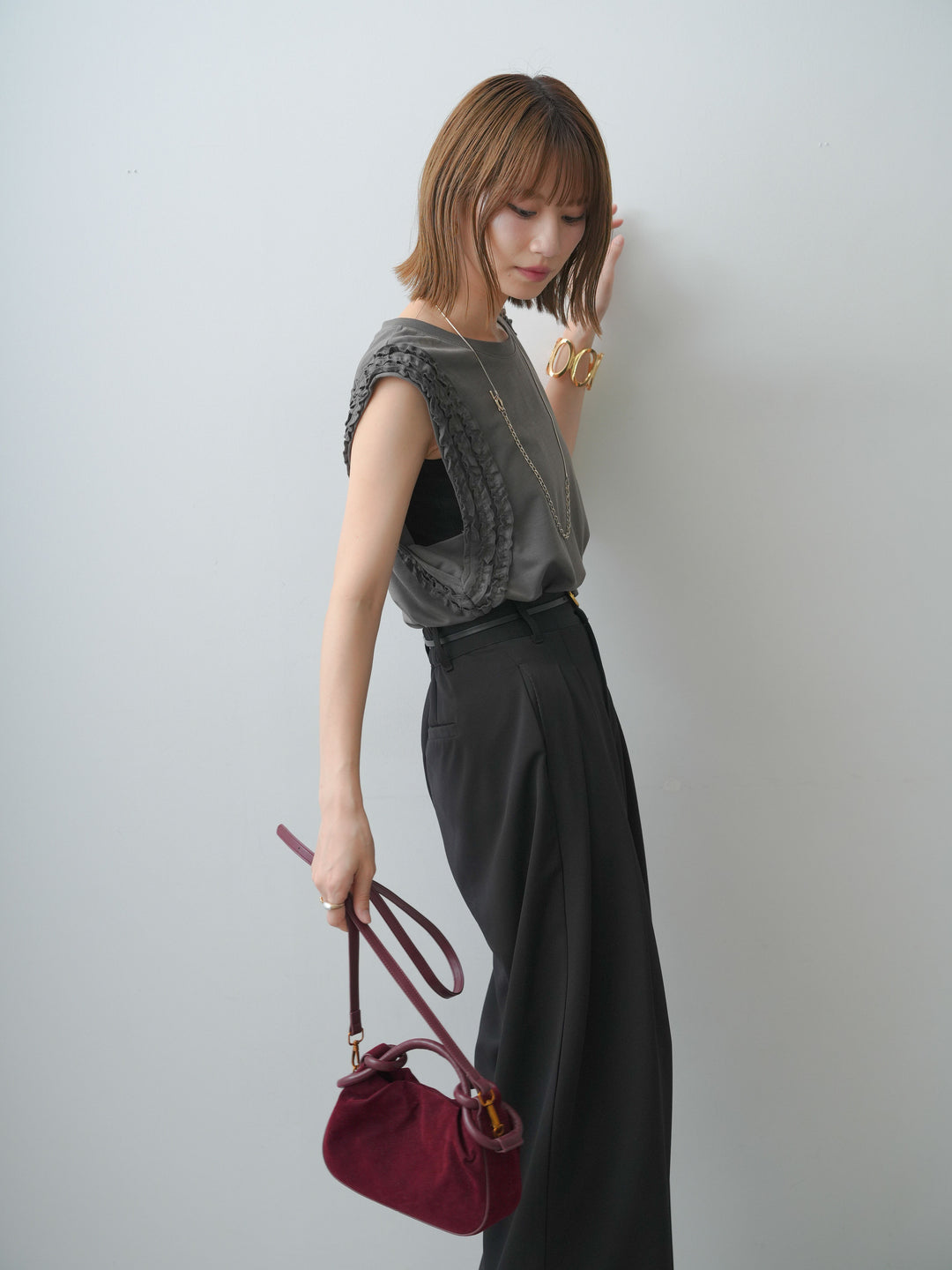 [SET]ホイップフリルフレンチTEE+クレープデシンタックワイドパンツ(2set)