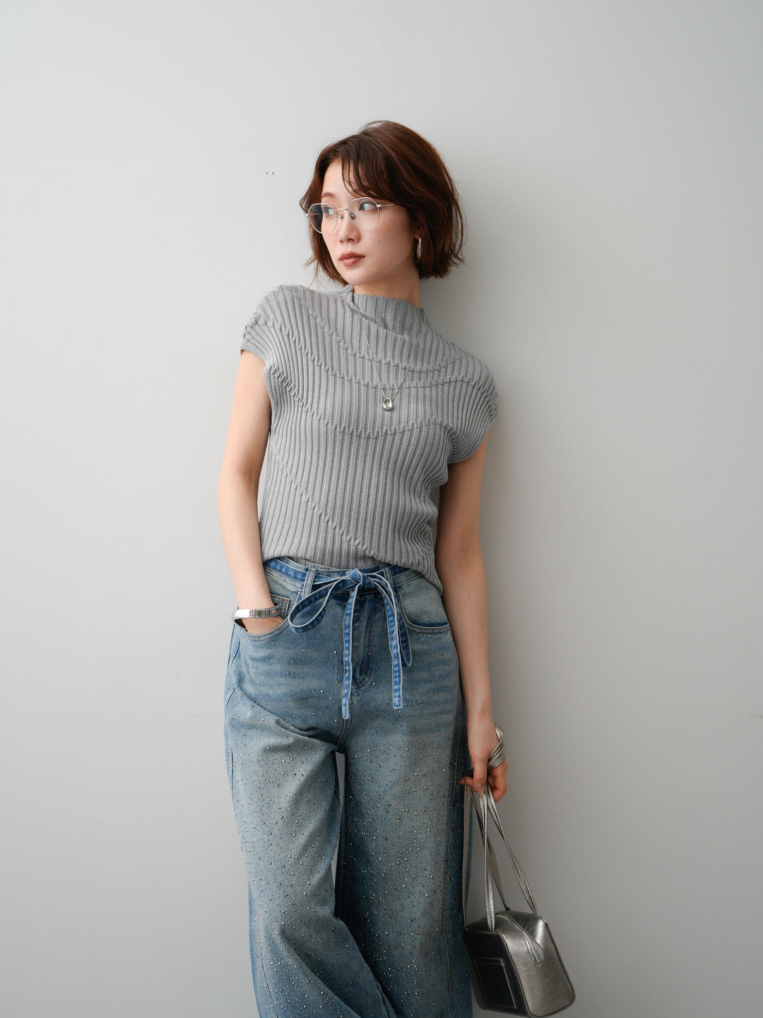 [予約]モードラインリブフレンチニットトップス/gray