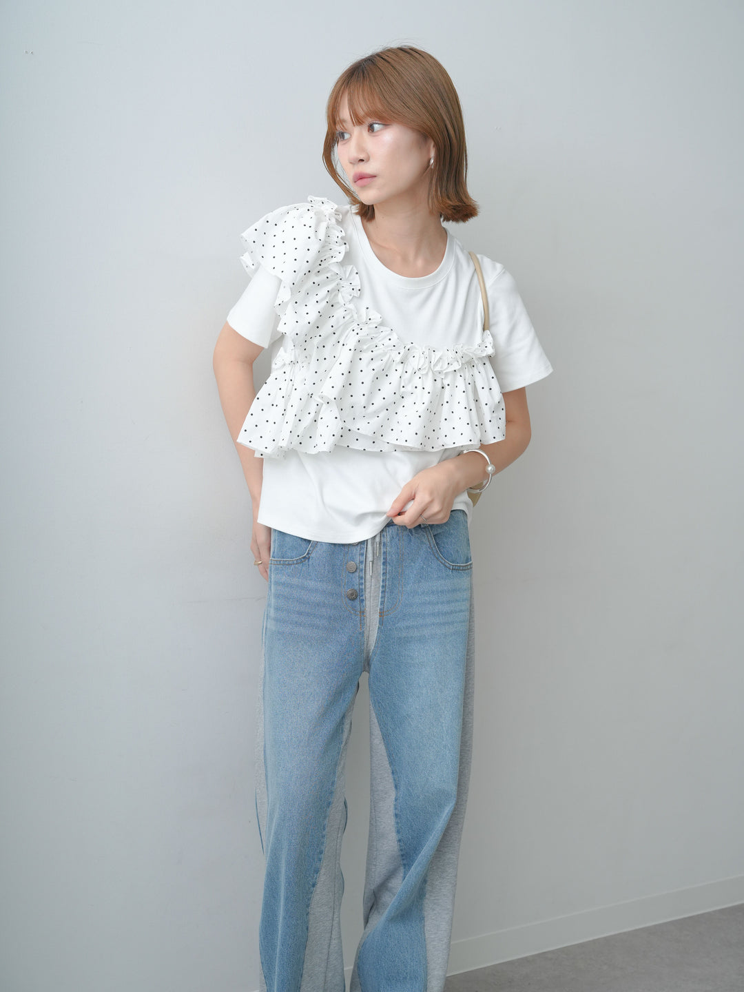 [SET]ドットギャザーフリルデザインTEE+デニム切替スウェットパンツ(2set)