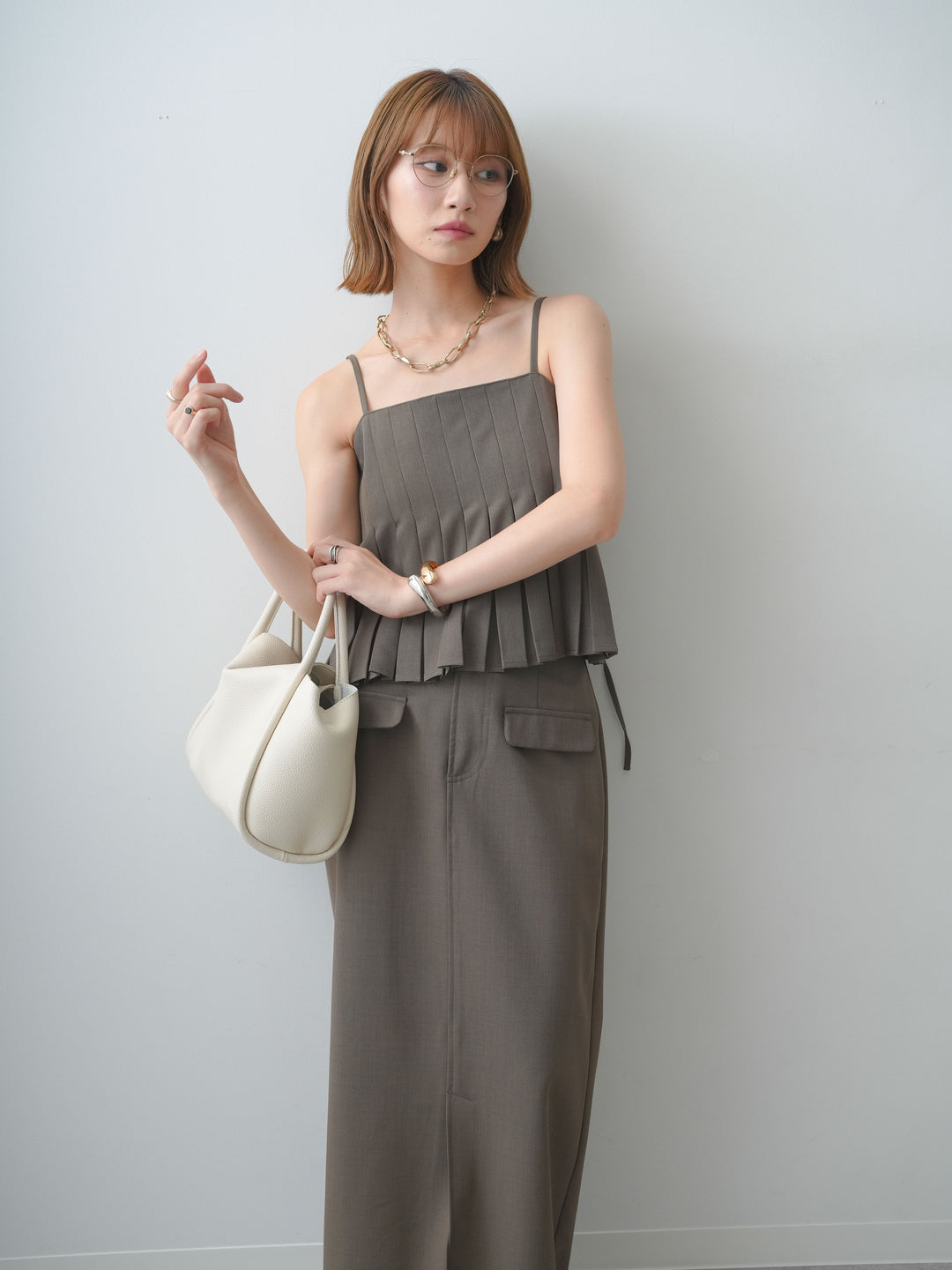 [SET]クレープデシンタックキャミソール+クレープデシンフラップ付きストレートスカート(2set)