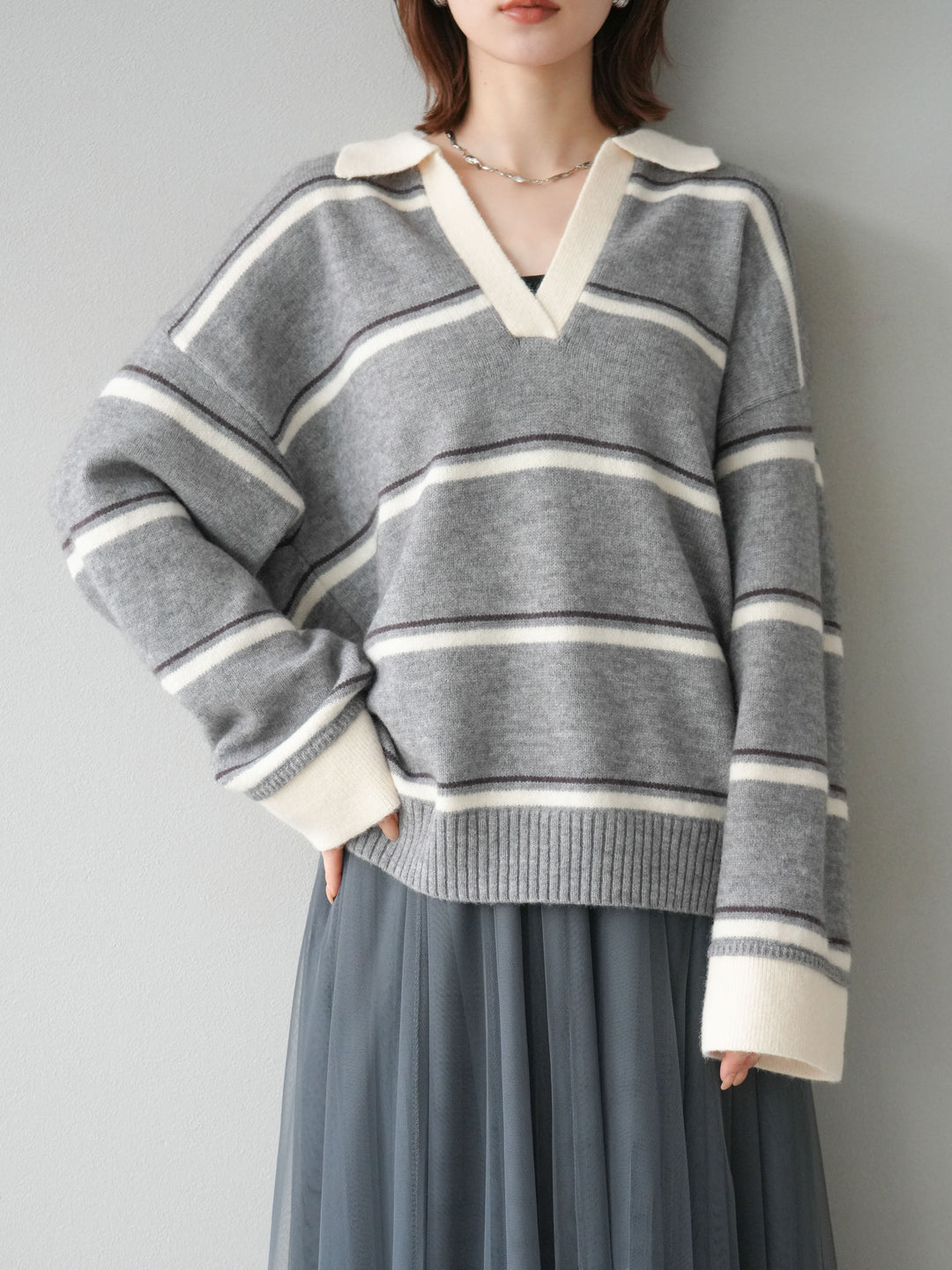 [SET]ポロ襟スキッパーボーダーニットプルオーバー+チュールボリュームスカート(2set)