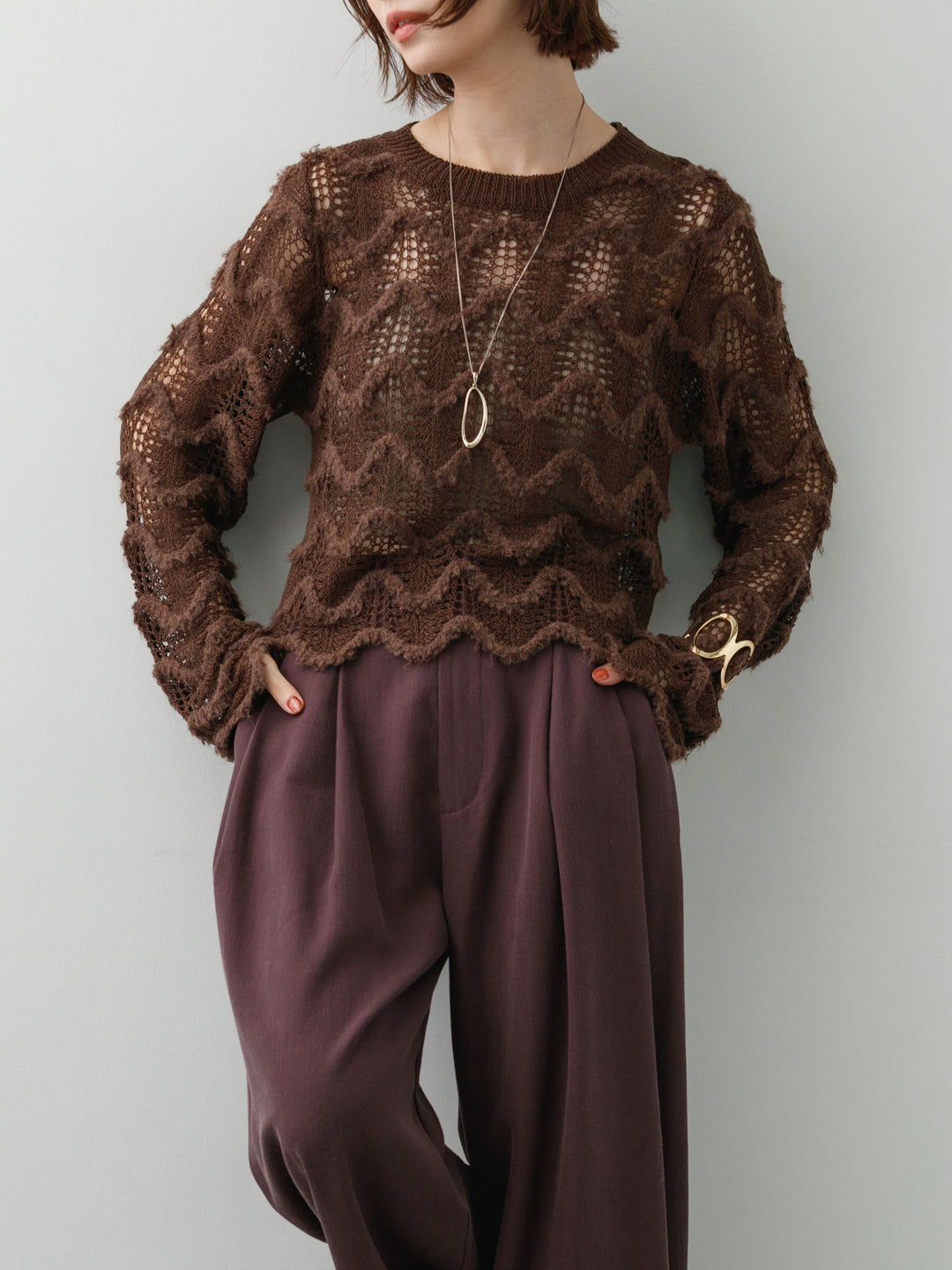 【套裝】波浪紋鏤空針織上衣 + 波浪紋鏤空針織上衣（兩件組）