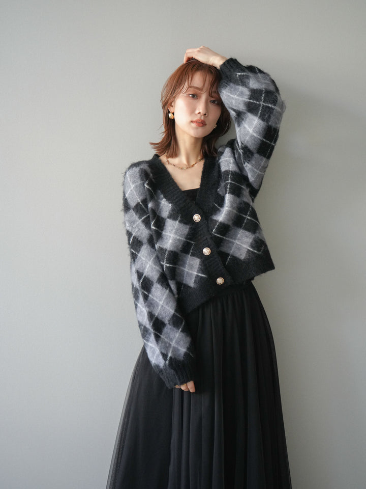 [予約]アーガイルシャギーニットカーディガン/gray
