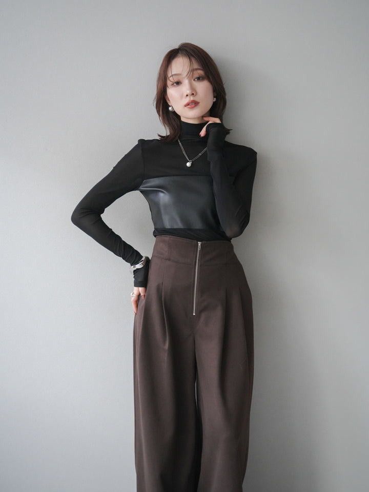 [予約]レザー切替プチネックシアートップス/black