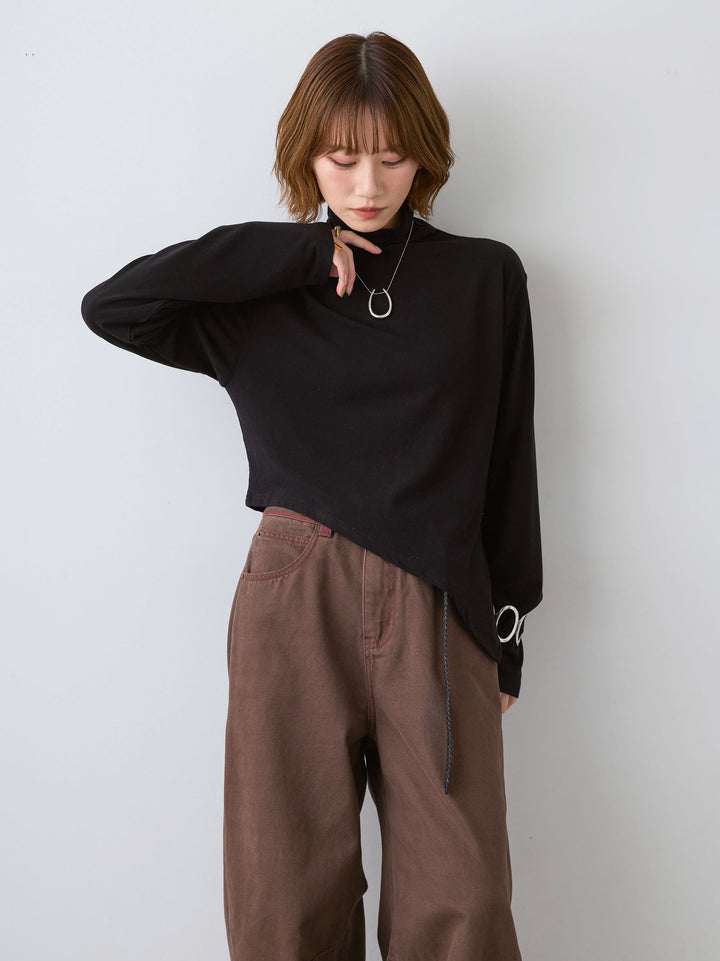 [SET]モックネックアシメヘムトップス+カラーステッチワイドパンツ(2set)