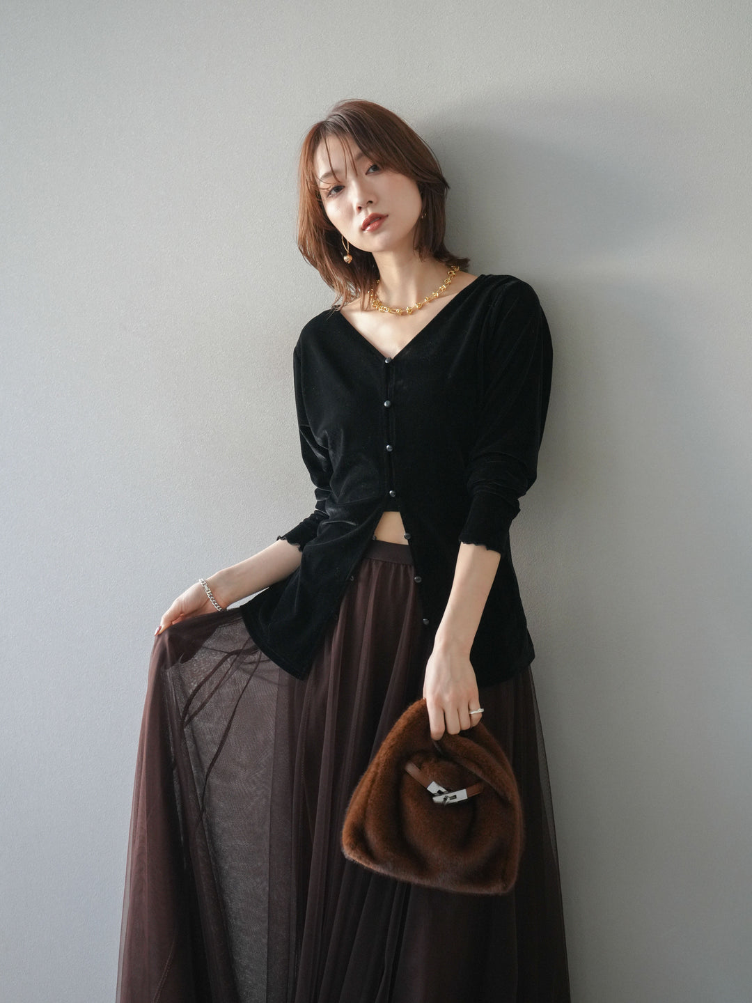 [予約]ベロアカーディガン/black