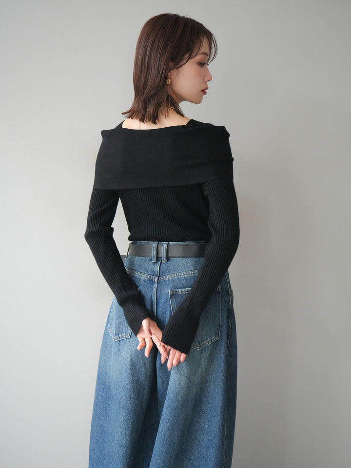 [予約]リボンモチーフオフショルリブニットトップス/black