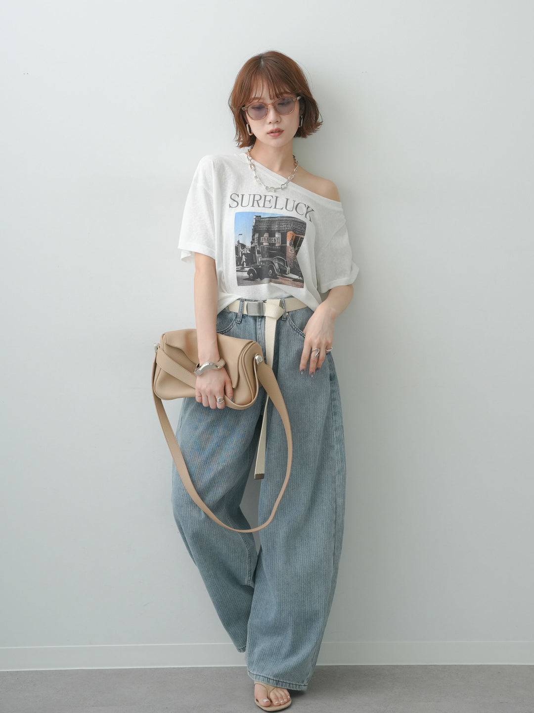 [SET]ワイドネックプリントTEE+ショルダータックノースリーブオーバーTEE(2set)