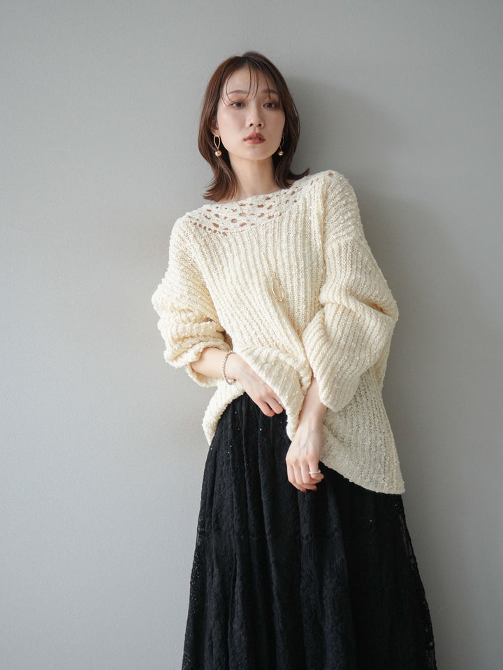 [予約]ボートネック透かし編みニットプルオーバー/white