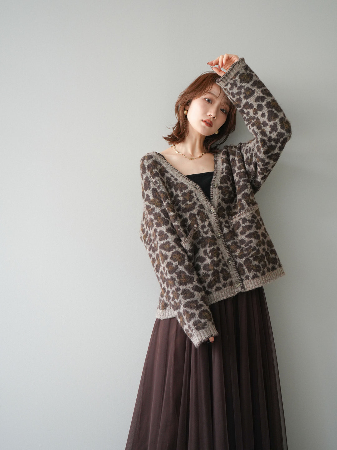[予約]アニマル柄ステッチニットカーディガン/khaki
