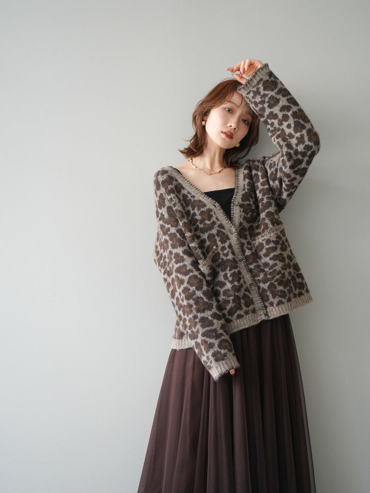 [予約]アニマル柄ステッチニットカーディガン/khaki