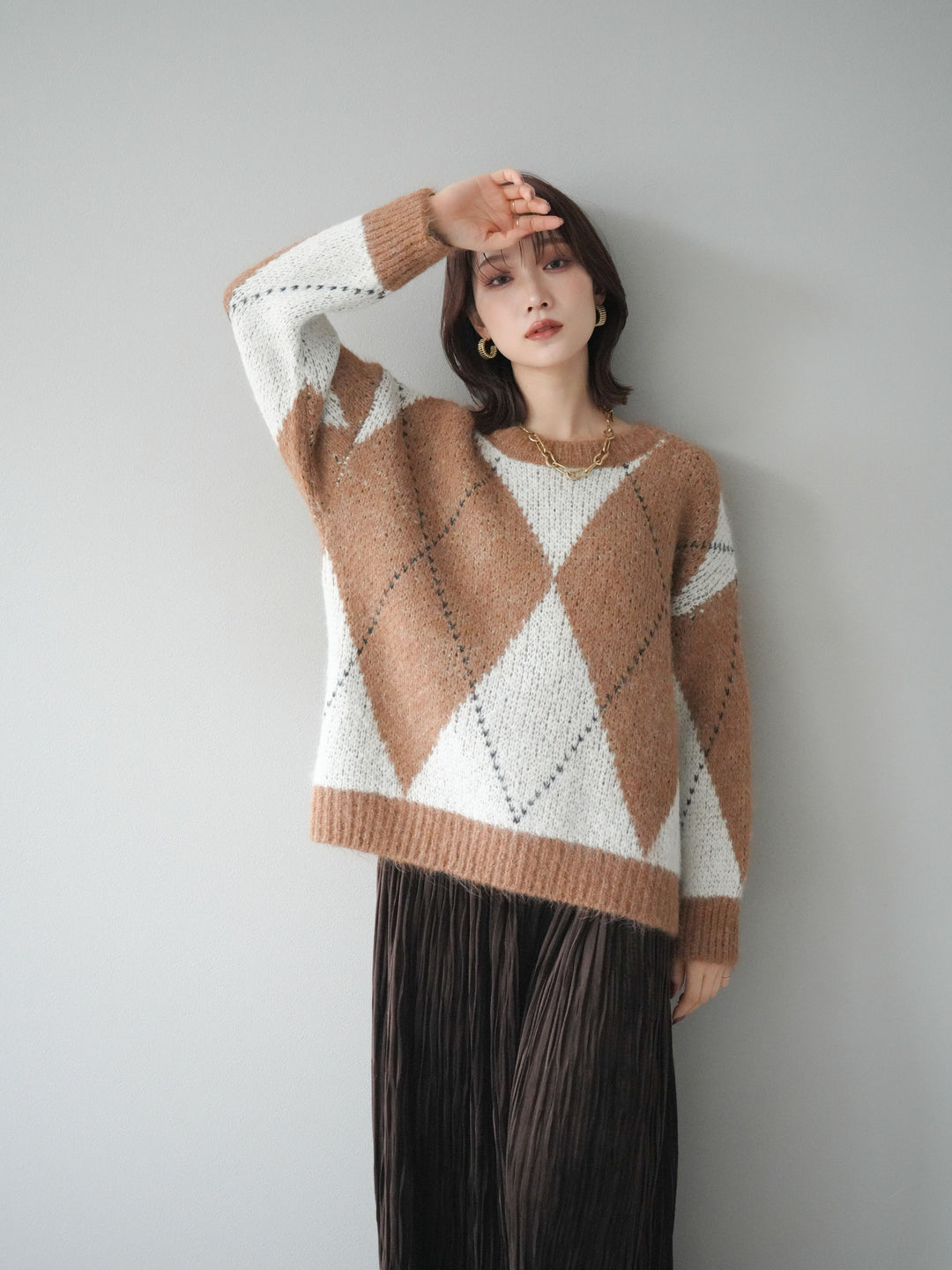 [SET]アーガイルオーバーニットプルオーバー+スエードワッシャープリーツスカート(2set)