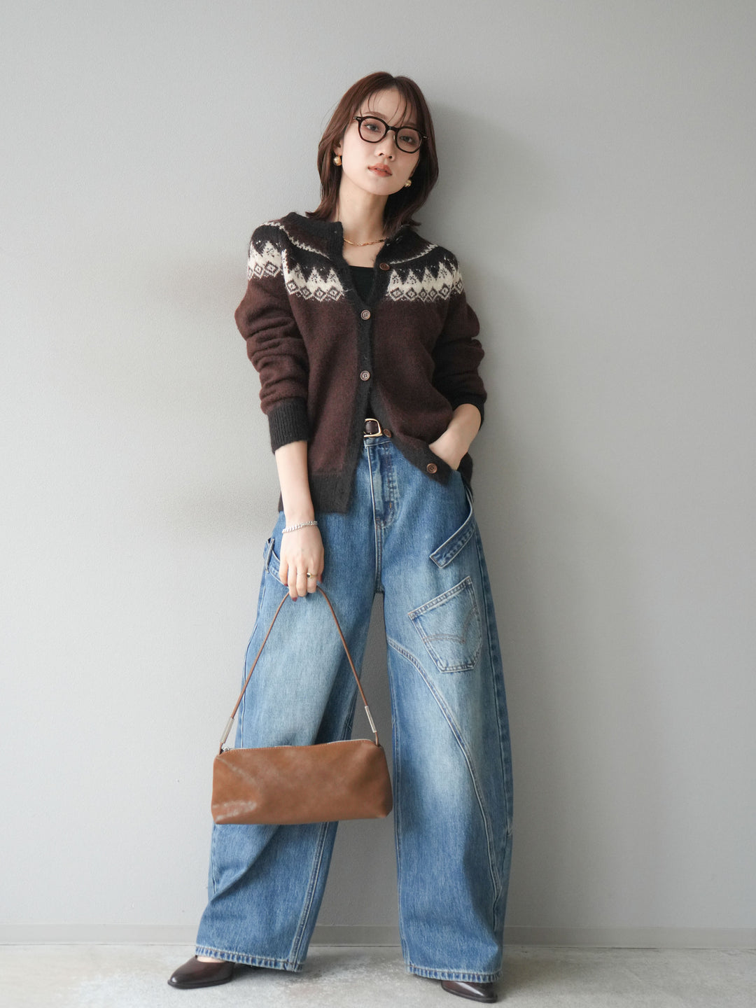 [SET]ノルディック柄ニットカーディガン+ペインターカーブデニムパンツ(2set)