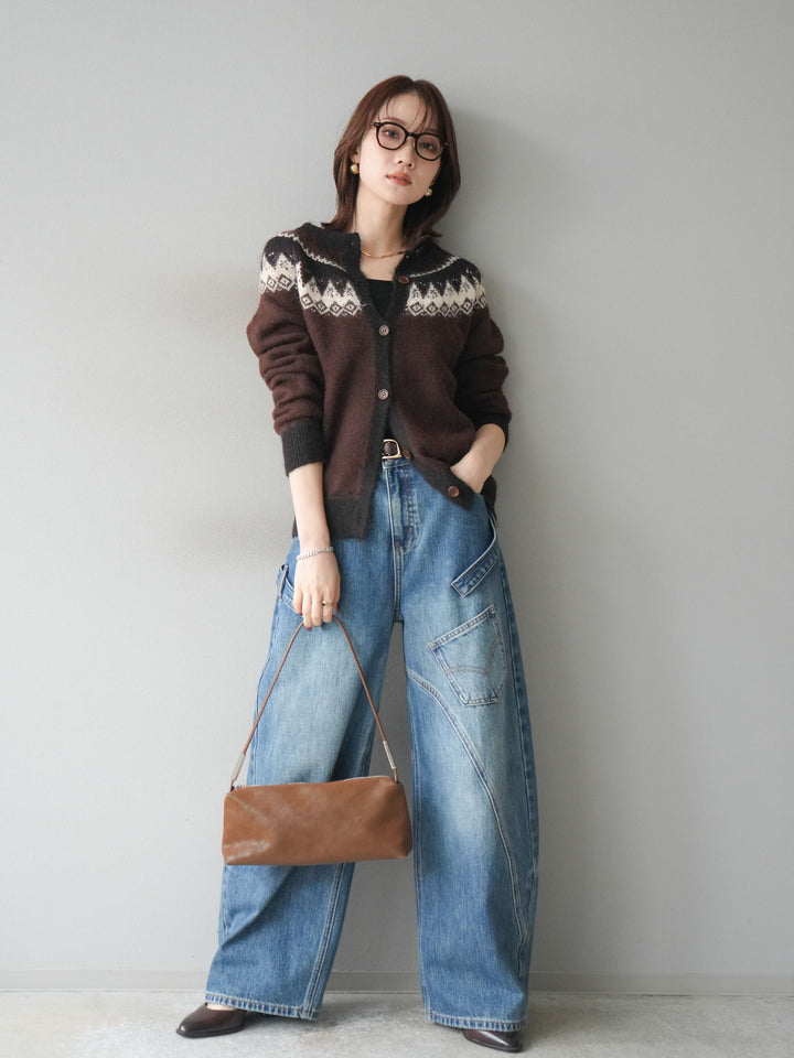 [SET]ノルディック柄ニットカーディガン+ペインターカーブデニムパンツ(2set)