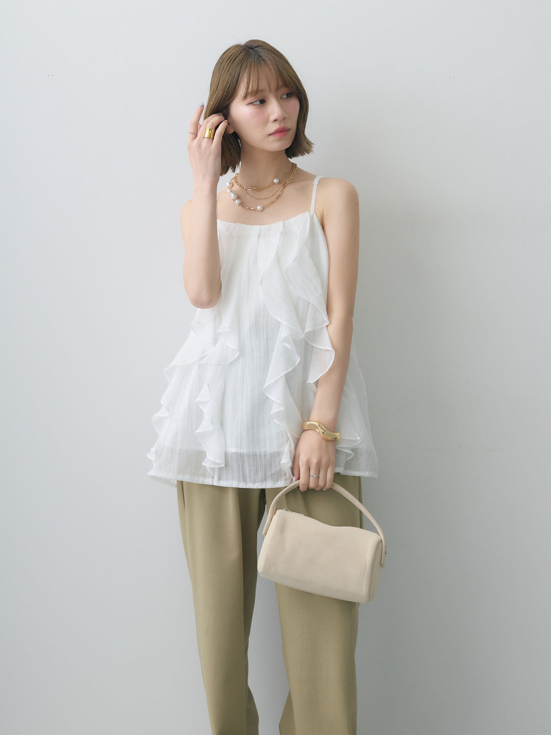 [SET]フロントラッフルシアーキャミソール+リラックスドレープスウェットパンツ(2set)