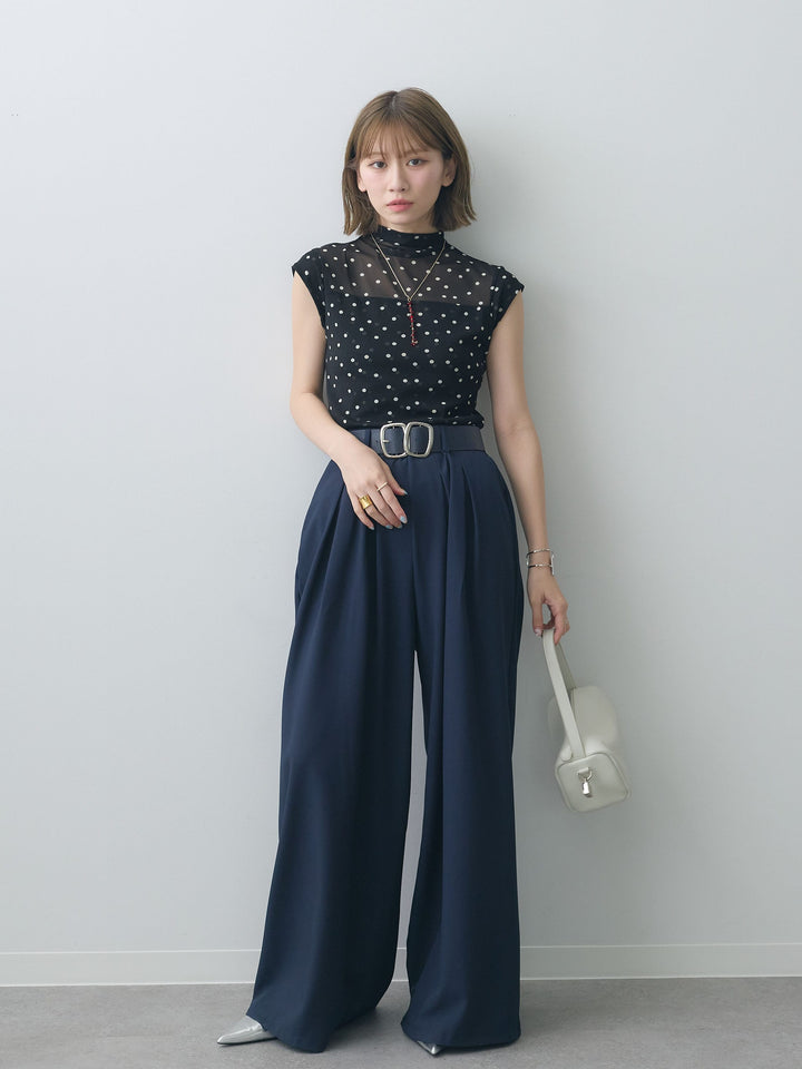 [SET]プチネックドットシアートップス+ダブルバックルベルト付ワイドパンツ(2set)