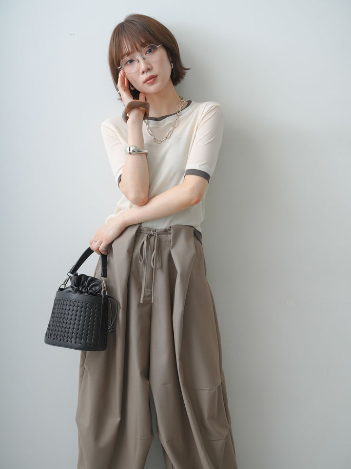 [SET]トリムレイヤードシアー半袖トップス+ベルトループカーブタックワイドパンツ(2set)