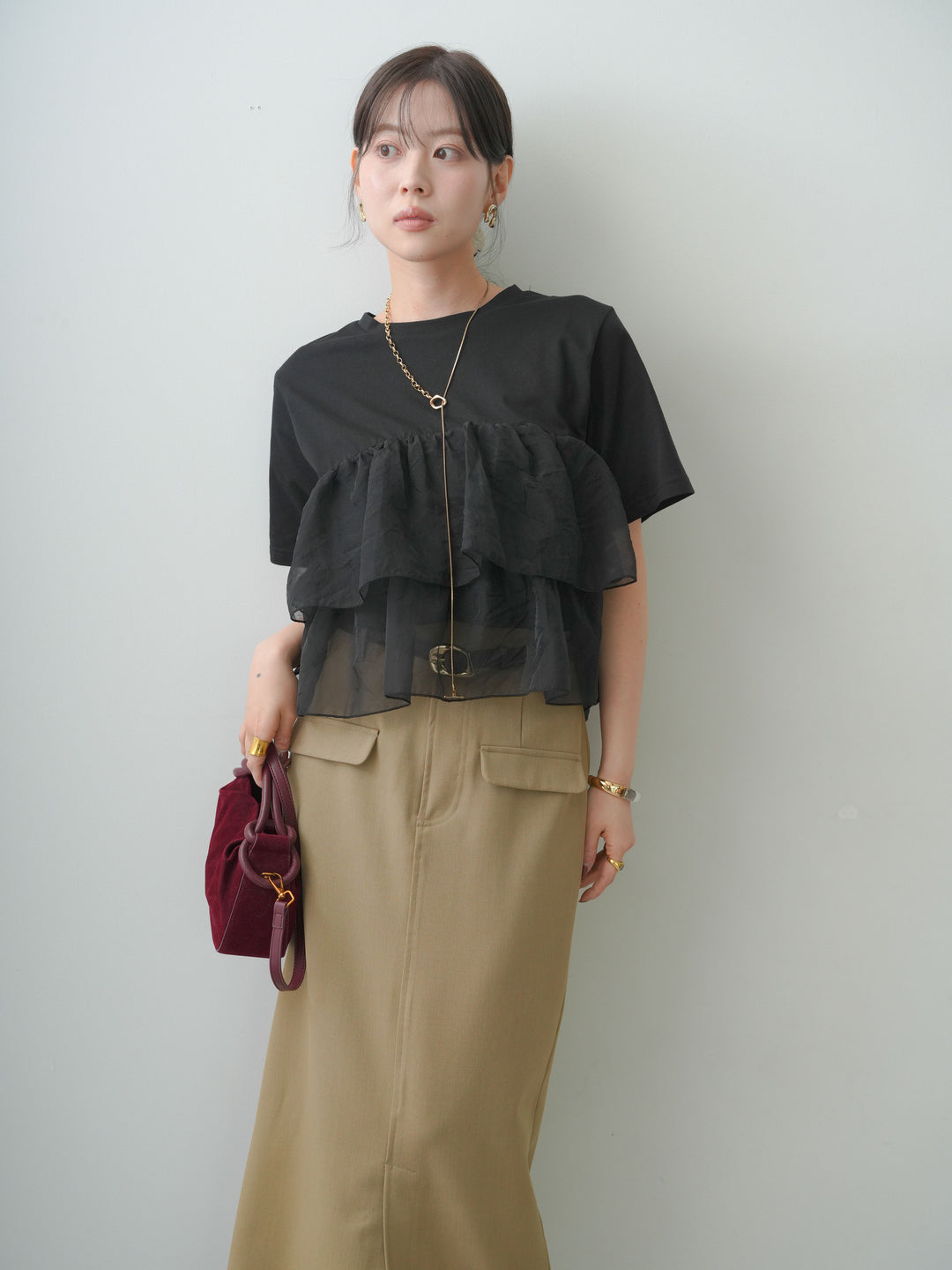 [SET]オーガンジーフリルドッキングTEE+クレープデシンフラップ付きストレートスカート(2set)