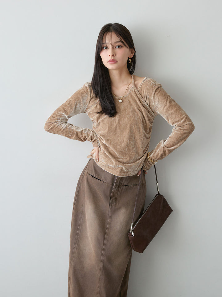 [予約]デニム切替Iラインスカート/brown
