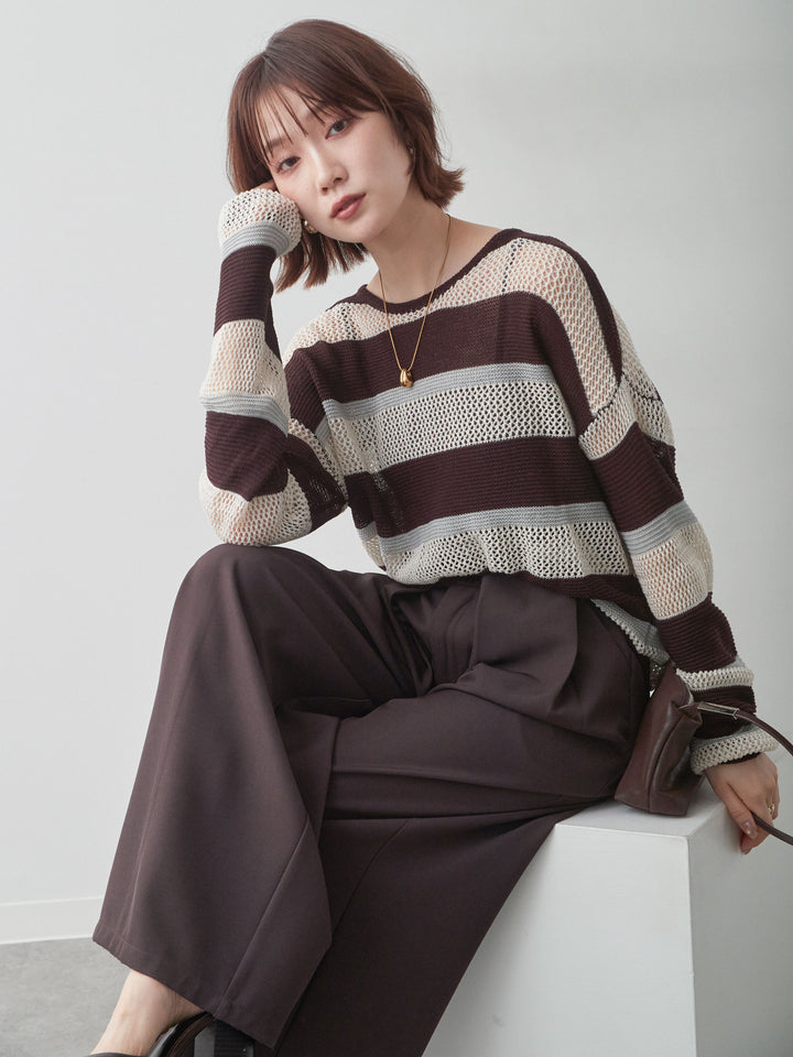 [予約]マルチボーダーメッシュニットトップス/brown