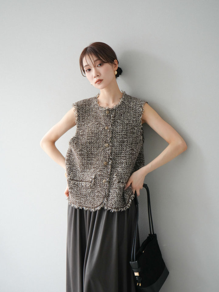 [予約]ミックスツイードフリンジニットベスト/ブラウン
