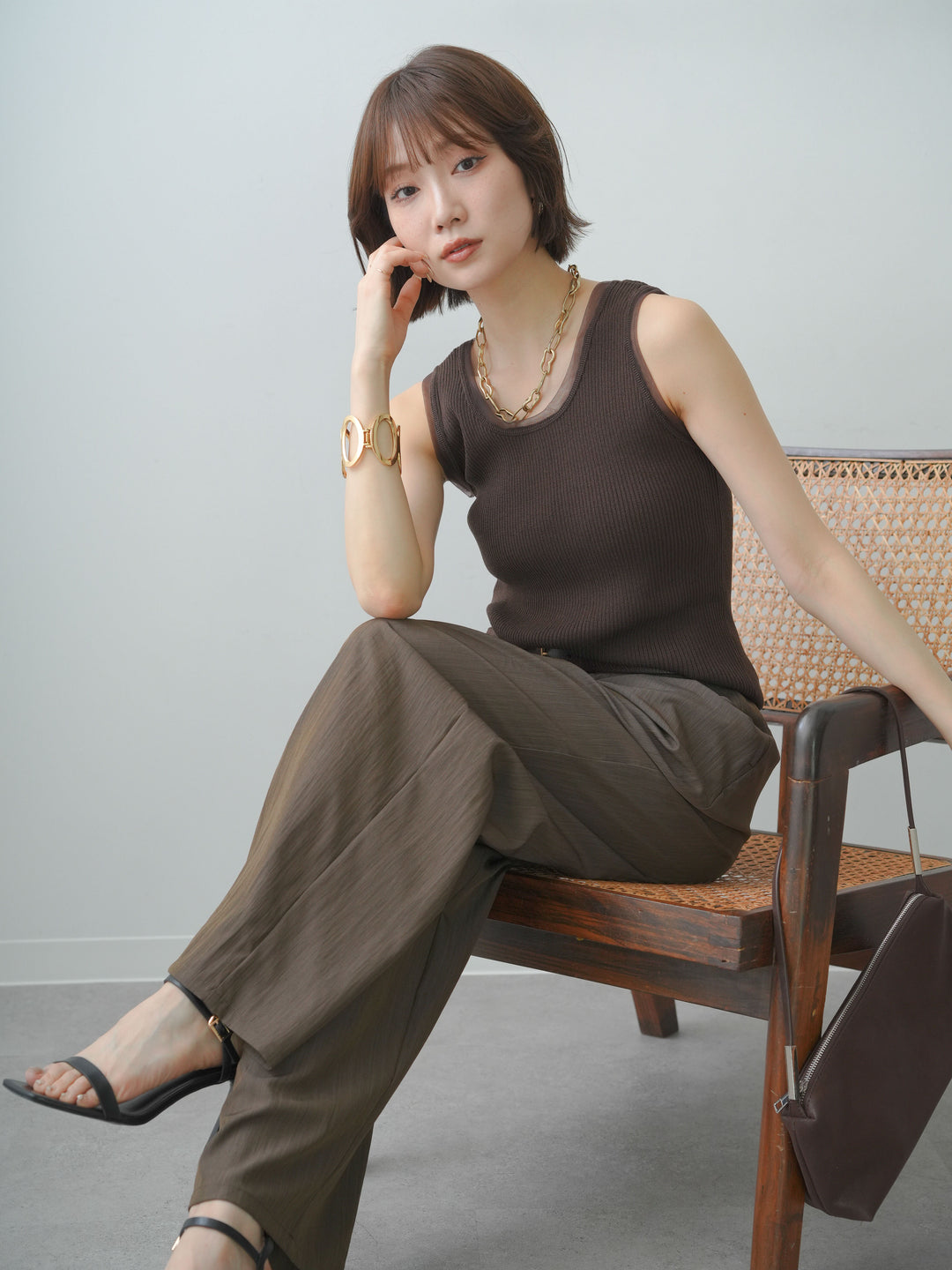 [SET]チュールトリムリブニットタンクトップ+リネンライク2タックワイドパンツ(2set)