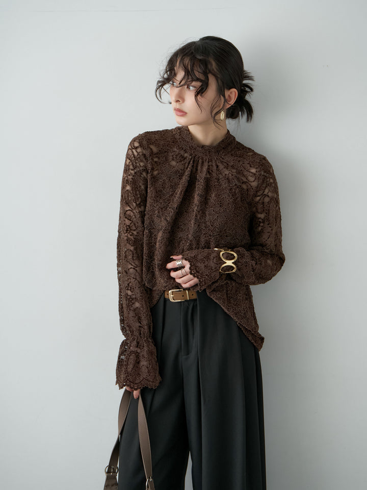 [予約]ベロアレースバックリボンブラウス/brown