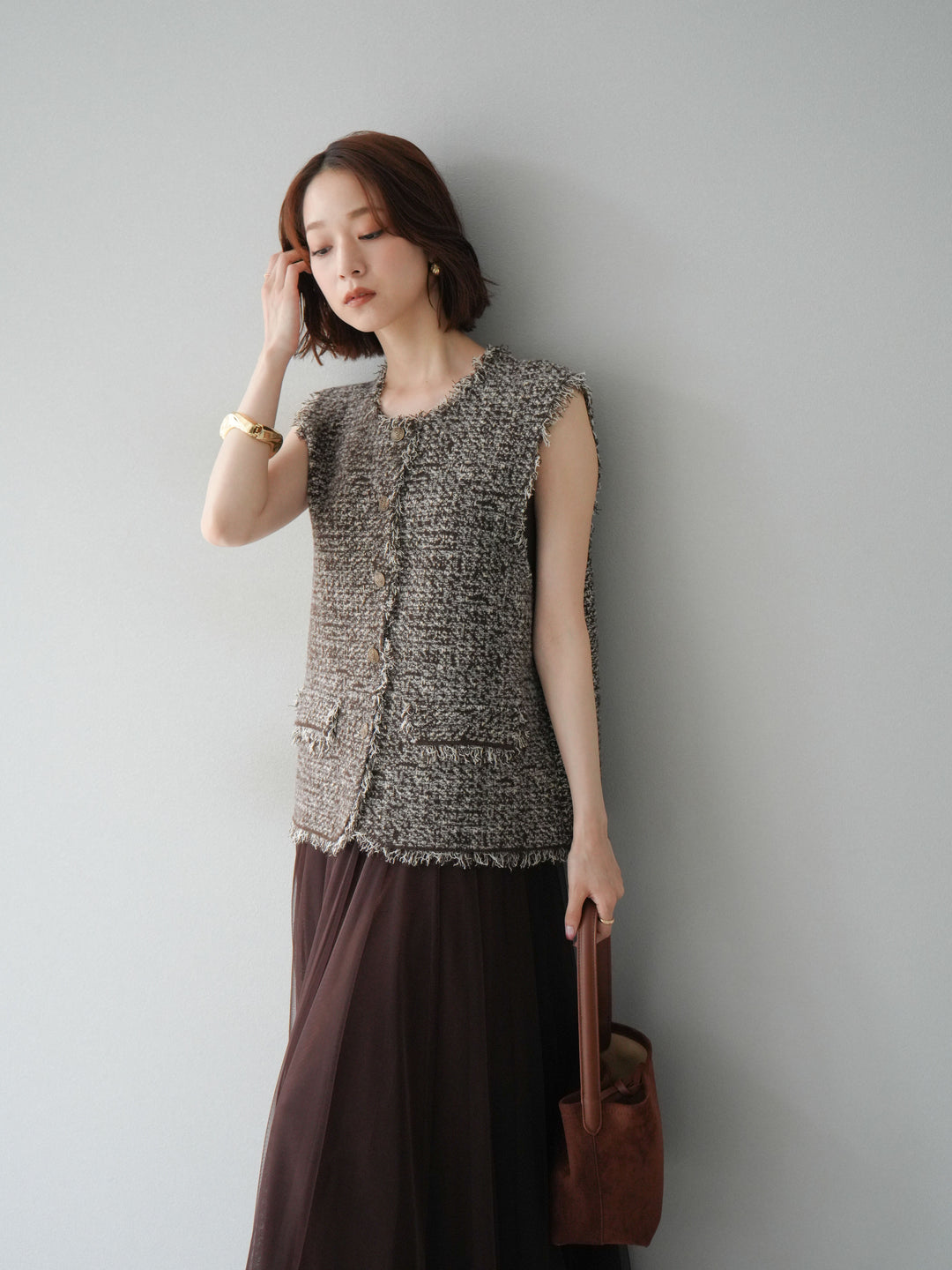 [予約]ミックスツイードフリンジニットベスト/ブラウン