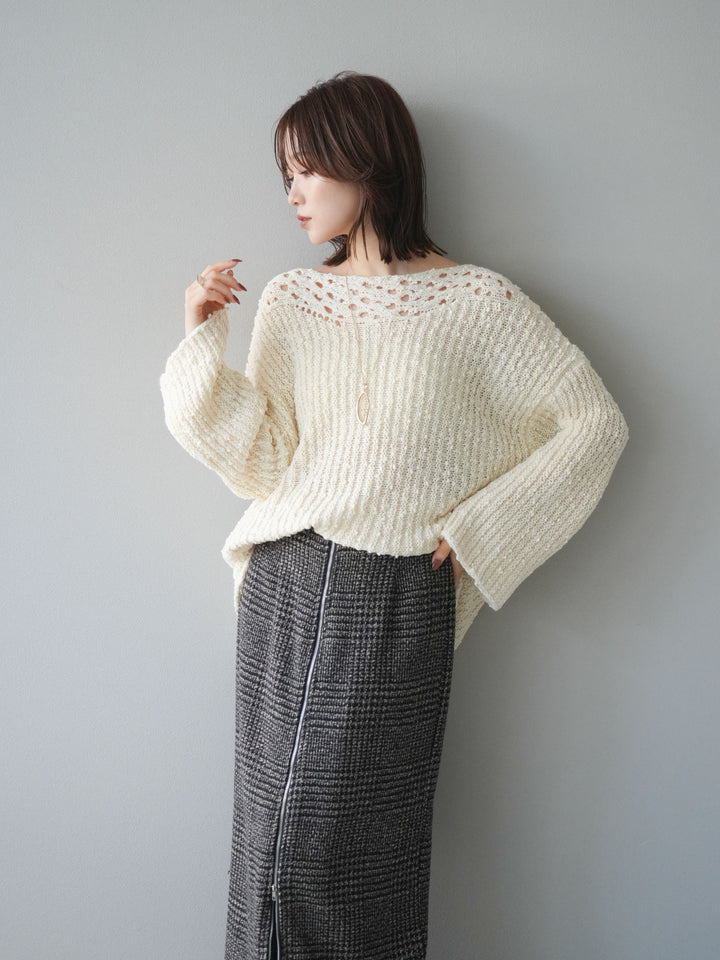 [予約]ボートネック透かし編みニットプルオーバー/white