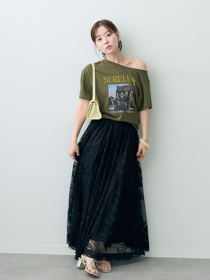 [SET]ワイドネックプリントTEE+ボタニカルパネルレースフレアスカート(2set)
