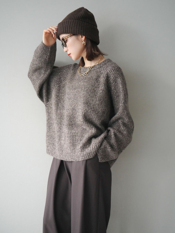 [予約]クルーネック畦編みミックスニット/brown