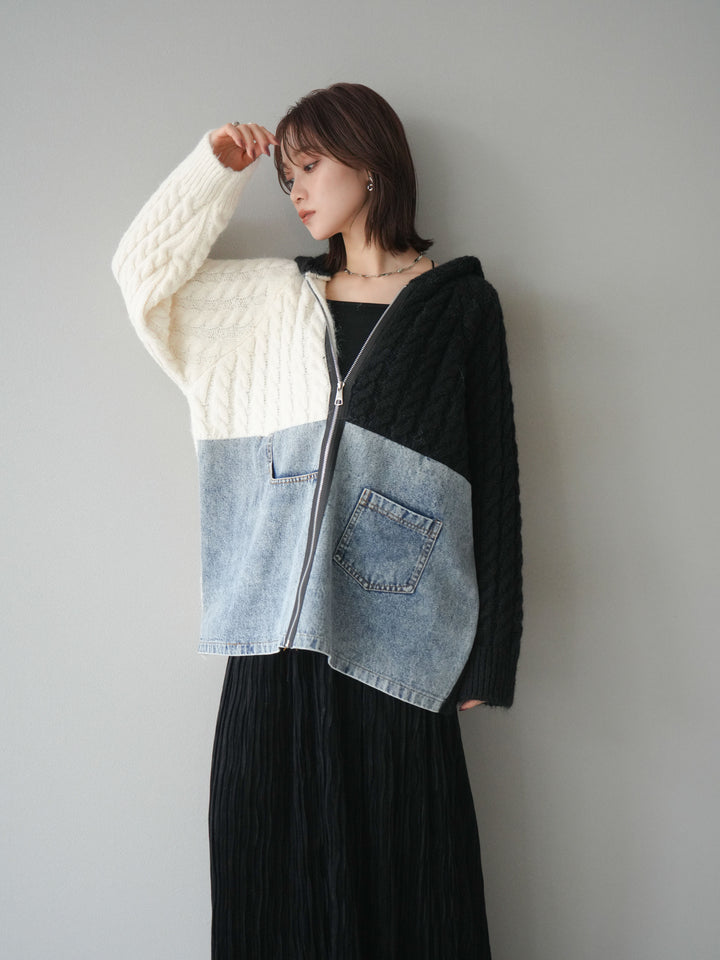[予約]デニム×バイカラーニットZIPフーディ/black