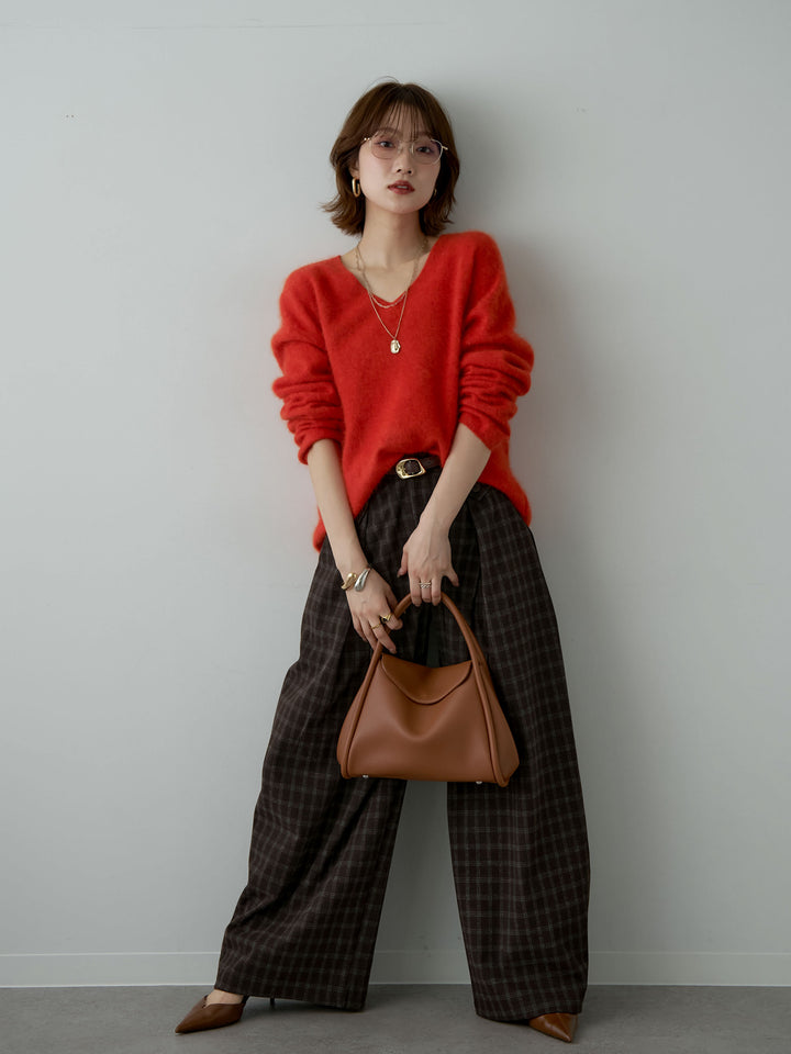 [SET]カシミア混フェザータッチVネックニットトップス+チェックサイドベルトデザインタックパンツ(2set)