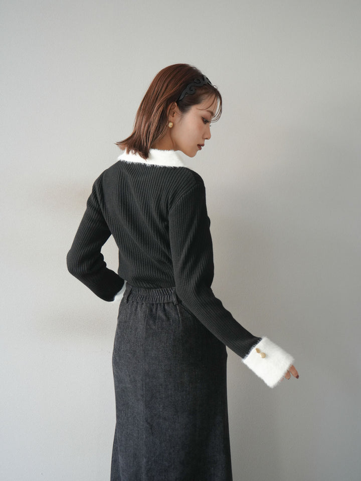 [SET]シャギー襟リブニットトップス+ベルベットマーメイドスカート(2set)