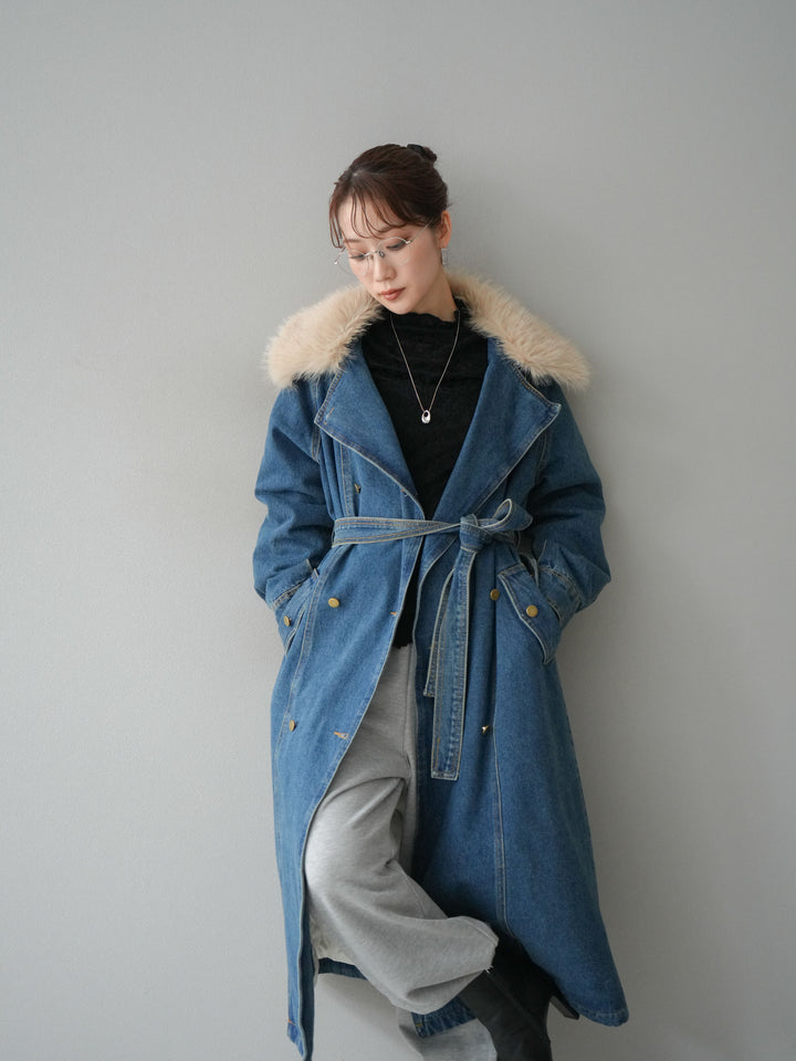 [予約]ファー襟デニムロングコート/blue
