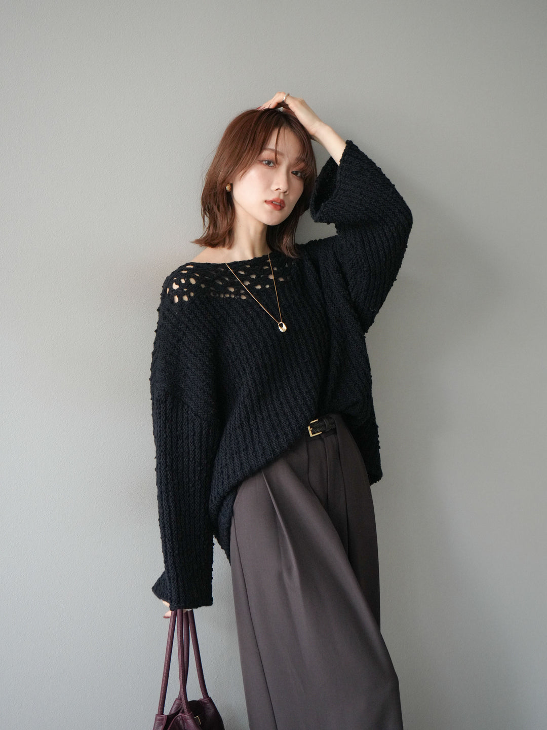 [予約]ボートネック透かし編みニットプルオーバー/navy