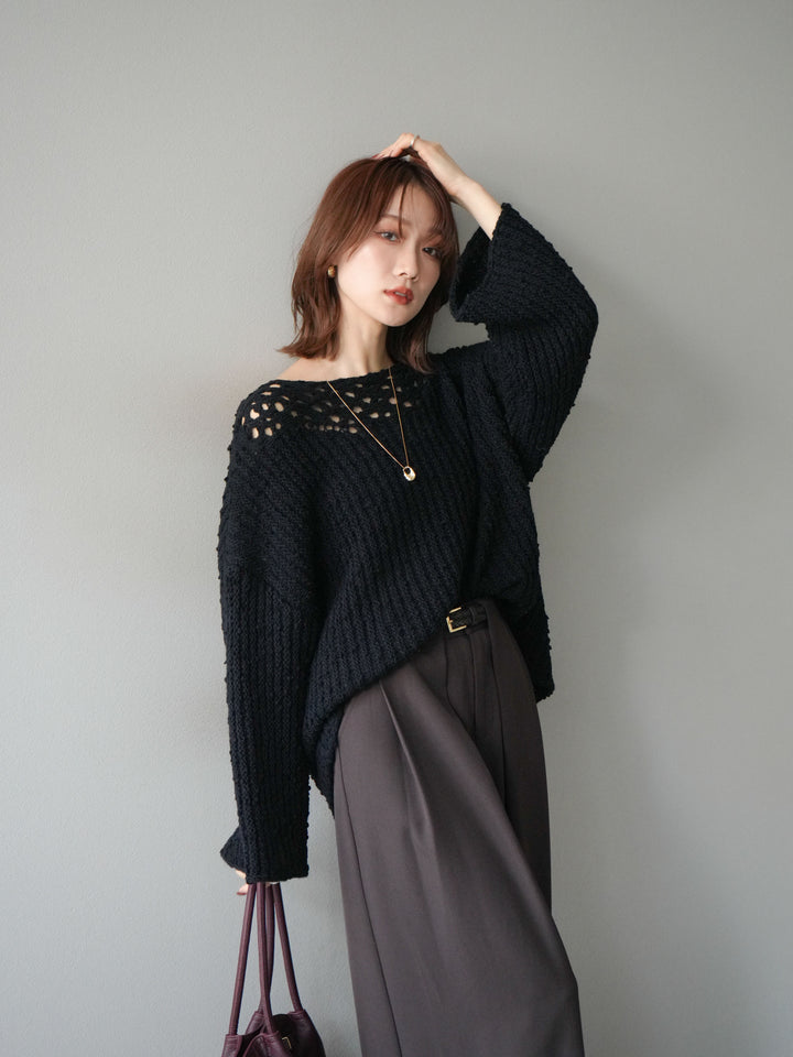 [予約]ボートネック透かし編みニットプルオーバー/navy